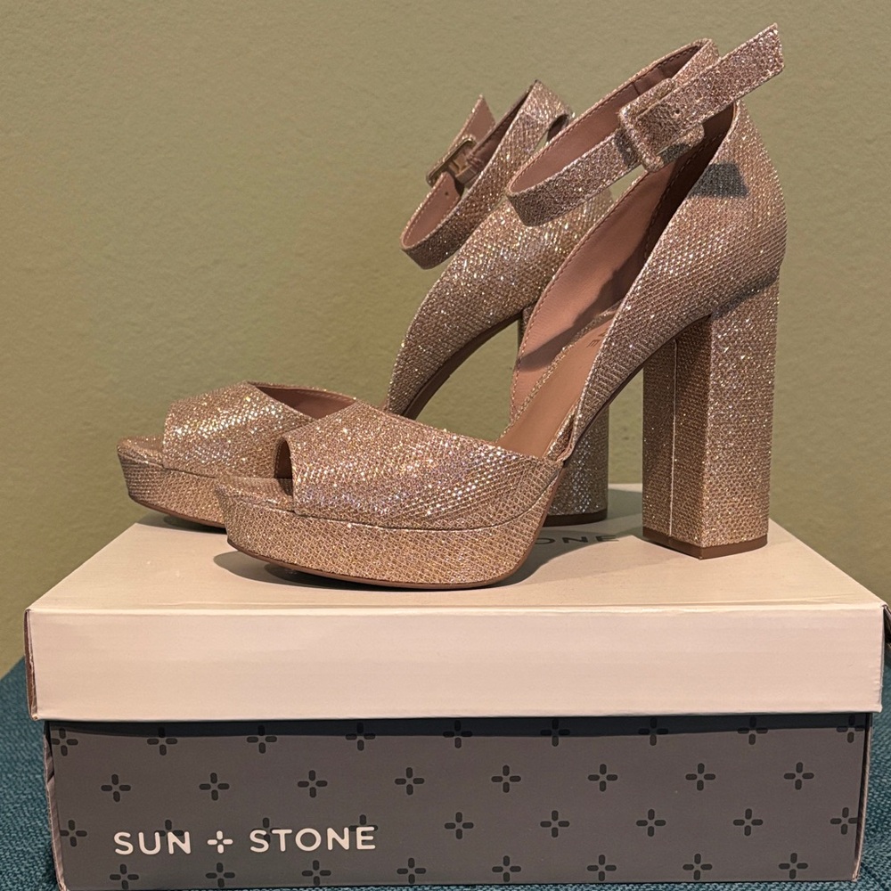 Sun + Stone Women's Sparkling Block Heel Sandals - Gold
